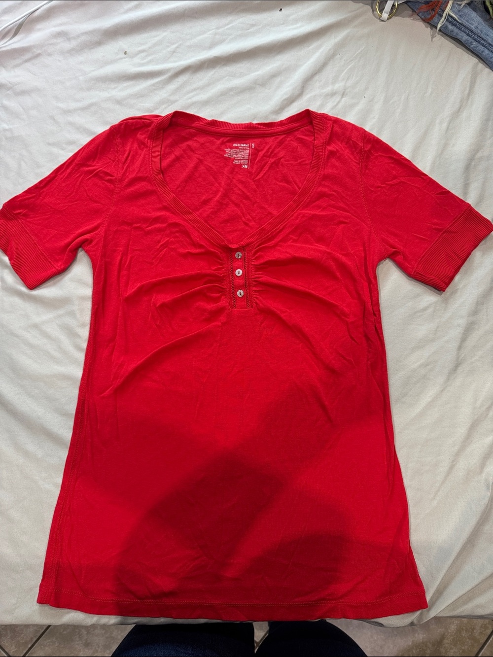 Women's Red V-Neck Button Front Top